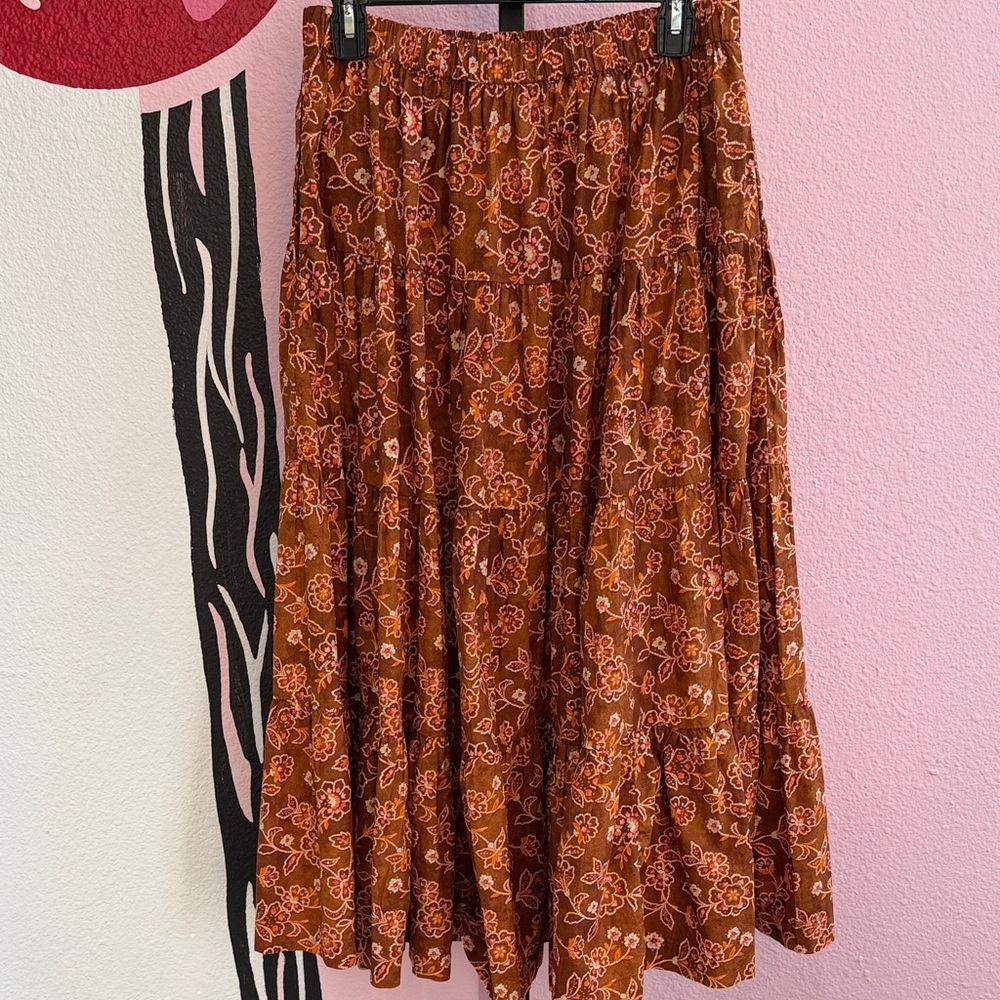 J Crew Rust Pink Floral Tiered Pull On Western Cotton Maxi Skirt Size Small